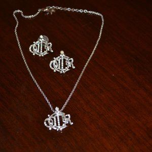 Authentic Christian Dior Vintage Logo Mini Insignia Necklace & Earrings silver